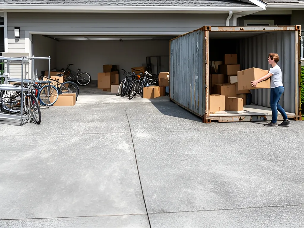 Garage being emptied into a storage container in the driveway