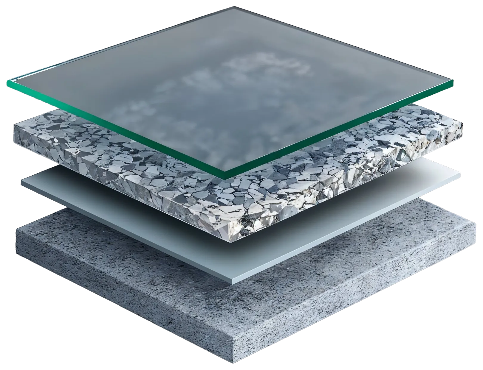Exploded view of a flake floor system: prepared concrete, base coat, decorative flake layer, and clear top coat