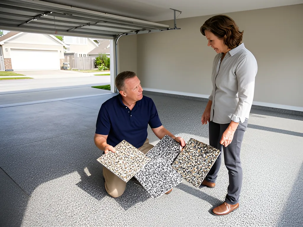Installer showing flake color samples to a homeowner in a garage