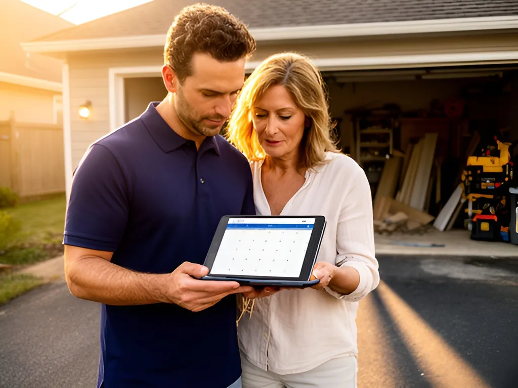 Installer and homeowner picking an install date on a tablet in the driveway